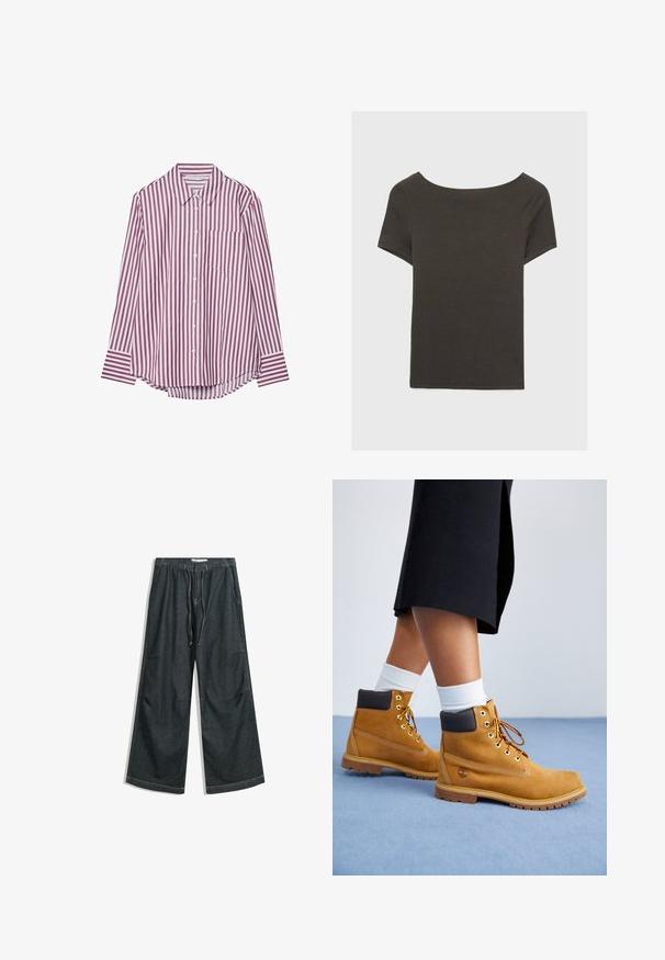 Langarm overhemd in bordeauxrood met witte verticale strepen. Beschikt over een kraag en een borstzak, met een gebogen zoom.; Donkergrijze top met korte mouwen en een bootnek. Gemaakt van ribbelstof, met een relaxte pasvorm en een nette zoom. Eenvoudig ontwerp, geen patronen.; Wijdvallende, donkere denim broek met een elastische tailleband en koord. Bevat zijzakken en rechte hems met subtiele stiksels.; Tan suède enkellaarsjes met bruine leren accenten, gouden oogjes en een getextureerde zool. Witte sokken zichtbaar boven de laarsjes.
