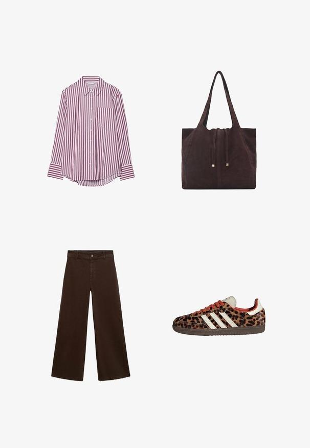 Srajca z dolgimi rokavi in gumbom v burgundski in beli navpični črti. Ima ovratnik in žep na prsih, z ukrivljenim robom.; Rjave široke hlače iz mešanice bombaža, z raztrganim robom, sprednjim gumbom in klasičnim dizajnom s petimi žepi. Minimalistične in vsestranske.; Teniske z leopardjim vzorom iz semiša, rdečimi vezalkami in tremi belimi črtami ob strani. Imajo kremasto barvo jezička in rjavo podplat.; Mango Torba za nakupovanje - dark brown
