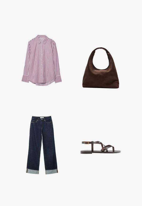 Koszula z długim rękawem, zapinana na guziki, w burgundowe i białe pionowe paski. Posiada kołnierzyk oraz kieszeń na piersi, a także zaokrąglony dół.; Ciemnoniebieskie dżinsy o szerokich nogawkach i wysokim stanie, z podwiniętymi mankietami, kontrastowym przeszyciem i pięcioma kieszeniami. Wykonane z materiału dżinsowego.; Brązowe skórzane sandały z krzyżującymi się paskami, zapięciem na klamrę przy kostce oraz płaską podeszwą z minimalnymi detalami szycia.; Miękka, brązowa torebka w stylu hobo z jedną szeroką rączką i wyprofilowanym otwarciem, wyeksponowana na białym tle.
