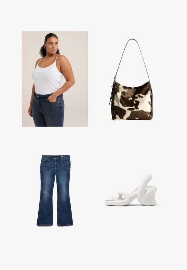 Weißes ärmelloses Top mit dünnen Trägern, aus weichem Stoff. Kombiniert mit dunkelblauen, hochgeschnittenen Jeans mit Fronttaschen und einer taillierten Silhouette.; Ausgestellte blaue Jeans aus Denim mit mittlerem Waschfinish, ausgestattet mit fünf Taschen, einem vorderen Knopfverschluss und genähten Details entlang der Nähte.; Weiße skulpturale High-Heelsandalen mit einem wellenförmigen Design, glatter Textur und einem klobigen Absatz, der wie eine Hand geformt ist.; Braune und cremefarbene Kuhhaut-Umhängetasche mit einem glatten Ledertrageriemen, Reißverschluss und einer weichen, strukturierten Oberfläche mit einem natürlichen Muster.; Goldene Creolen mit einem schlanken, offenen Loop-Design. Glatte Textur mit einem polierten Finish, ohne Verzierungen oder Muster.