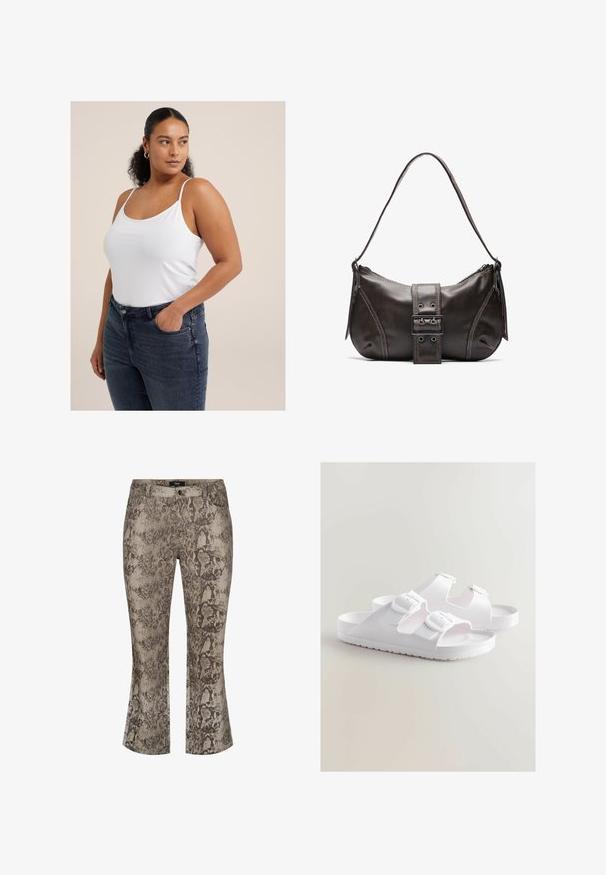 Weißes ärmelloses Top mit dünnen Trägern, aus weichem Stoff. Kombiniert mit dunkelblauen, hochgeschnittenen Jeans mit Fronttaschen und einer taillierten Silhouette.; Schlangenhautmuster mit ausgestellten Jeans in gedämpften Beige- und Brauntönen. Denim-Material mit strukturierter Oberfläche. Standard-Design mit fünf Taschen und Reißverschluss vorne.; Weiße Sandalen mit zwei verstellbaren Schnallen, flacher Sohle und einem strukturierten Rutschmuster. Hergestellt aus leichtem, flexiblem Material.; Braune Lederumhängetasche mit gebogener Form, die mit einem auffälligen Schnallendetail, kontrastierenden Nähten und einem einzigen Schulterriemen ausgestattet ist.; Goldene Creolen mit einem schlanken, offenen Loop-Design. Glatte Textur mit einem polierten Finish, ohne Verzierungen oder Muster.