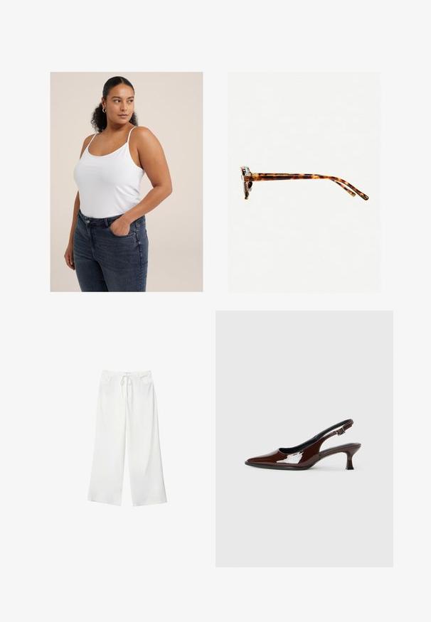 Bílý top bez rukávů s tenkými ramínky, vyrobený z měkké látky. Spárovaný s tmavě modrými džínami vysokého pasu s předními kapsami a přiléhavým střihem.; Bílé široké kalhoty vyrobené z měkké látky, které mají pružný pas a dvě přední kapsy. Hladký povrch a žádné viditelné vzory.; Hnědé lakované kožené slingback boty s špičatou špičkou a mírným podpatkem. Disponují přezkou pro bezpečné upevnění. Hladký povrch.; Sluneční brýle v želvovinovém designu s tlustým rámem, mírně zakřivenými spánky a hladkým povrchem. Klasický design s lesklým finišem.; Hnědá semišová taška přes rameno se soft-touch texturou, velkým otvorem a dlouhými popruhy. Disponuje jednoduchým designem s viditelným šitím a bez kovových prvků.