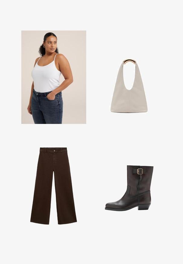 White sleeveless top with thin straps, made of soft fabric. Paired with dark wash, high-waisted jeans with front pockets and a fitted design.; Brown wide-leg trousers in cotton blend, featuring a frayed hem, front button closure, and classic five-pocket design. Minimalistic and versatile.; Black leather ankle boot with a rounded toe, low block heel, side elastic panel, and a gold buckle accent on the ankle strap.; Light gray leather bag with a U-shaped design and a curved metallic handle. Smooth texture with minimal stitching and no visible patterns.