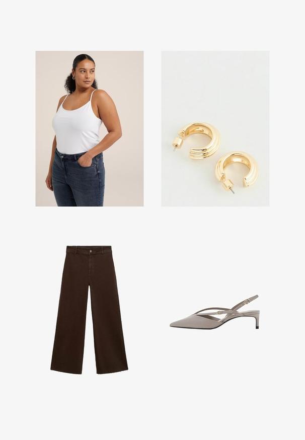 Bela brezrokavnica s tankimi naramnicami, izdelana iz mehke tkanine. Združena z temno pranja, visokimi kavbojkami z sprednjimi žepi in tesnim krojem.; Rjave široke hlače iz mešanice bombaža, z raztrganim robom, sprednjim gumbom in klasičnim dizajnom s petimi žepi. Minimalistične in vsestranske.; Bež sandale na visoki peto s izostrenim nosom, tankimi križnimi naramnicami in kratkim stiletto peto. Gladek material z zasebnimi zlatimi detajli.; Zlato obarvani uhani v obliki obroča s poliranim zaključkom, ki vključujejo rebrast dizajn in pritrjevanje na zadnji strani. Okrogla, debela oblika.
