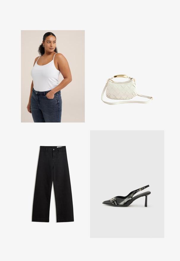 Witte mouwloze top met dunne bandjes, gemaakt van een zachte stof. Gecombineerd met donkerblauwe high-waisted jeans met voorzakken en een getailleerd ontwerp.; Zwarte denim broek met wijde pijpen en een hoge taille, voorzien van voor- en achterzakken, gestikte naden en een knoopsluiting. Gladde textuur.; Zwarte gepolijste leren slingback schoenen met een puntige neus, enkelbandjes met zilveren gespen en hardware, en een slanke hak.; Witte geweven leren handtas met een gouden handvat, afneembare schouderband en ronde bodem. Voorzien van een ritssluiting aan de bovenkant.