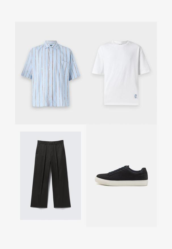 Šviesiai mėlynas trumpomis rankovėmis marškinis su vertikaliomis baltomis ir rudos spalvos juostelėmis, turintis mygtukų užsegimą ir vieną krūtinės kišenę.; Balta trumpomis rankovėmis marškinėliai, pagaminti iš medvilnės, su apvalia iškirpte ir mažos mėlynos logotipo akcentu kairiajame apatine kampe.; Juodos plačios kelnės su minkštu paviršiumi, turinčios dvi priekinės kišenes ir šiek tiek pakeltą juosmens liniją.; Juodas zomšinės sportbačiai su apvaliu nosiu, balta guma padais, kontrastingais mėlynais raišteliais ir lygia tekstūra. Minimalistinis dizainas be matomo logotipo.