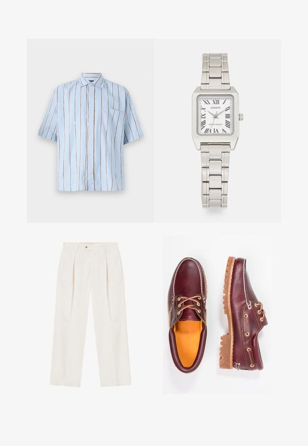 Lyseblå kortærmet skjorte med lodrette hvide og brune striber, med knap-front og en enkelt brystlomme.; Hvide, brede bukser med læg fortil, en enkelt knaplukning og sidelommer. Glat tekstur og skræddersyet design.; Bordeaux lædersko med brune gummisåler, rund tå, hvid syning og gyldne snøringer. Indersiden har et gult for.; Sølv metal armbåndsur med firkantet urkasse, hvid skive, romerske tal og et sølvfarvet kædearmbånd. Har en vandafvisende design.