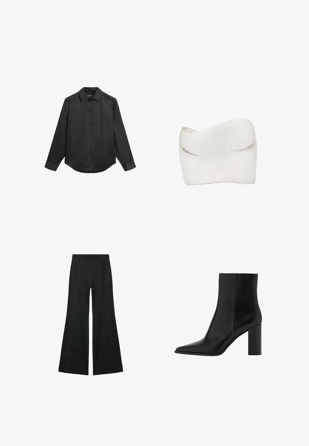 Černá košile s dlouhými rukávy, límečkem, zapínáním na knoflíky, hladkou tkaninou a mírně zaobleným spodním lemem. Bez viditelných vzorů nebo doplňků.; Černé kalhoty s širokými nohavicemi a hladkou texturou, s předními sklady a přizpůsobeným střihem. Materiál je lehký a splývavý.; Černé kožené kotníkové boty s špičatou špičkou, čtveratým podpatkem, hladkou texturou a švy podél spojů. Výška podpatku je přibližně 8,9 centimetrů.; Kovová nádoba stříbrné barvy s hladkým, reflexním povrchem a organickým tvarem, která má měkké, plynulé hrany a žádné viditelné kovové součásti.