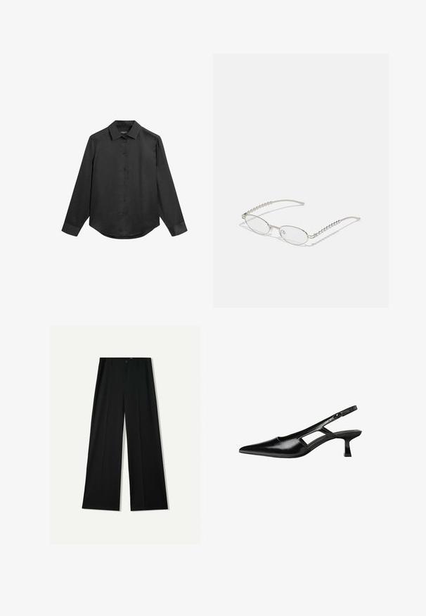 Sort langærmet skjorte med krave, knaplukning foran, glat stof og let afrundet kant. Ingen synlige mønstre eller detaljer.; Bershka WIDE - Bukser - black; Sorte patentlæder slingback hæle med spids tå, udskåret sideskærm og en lille firkantet hæl. Glat tekstur med minimale detaljer.; Ovale briller med en metallisk sølvramme, klare linser og strukturerede perleaccentede stænger. Letvægtsdesign med buede arme.