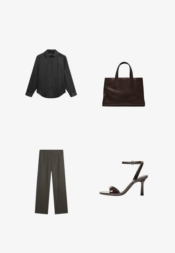Svart långärmad skjorta med krage, knäppning fram, slät tyg och lätt rundad fåll. Inga synliga mönster eller accenter.; Mörkgrå, vida byxor gjorda av textil med struktur, med två sidofickor och en ren framvikt. Enkel, skräddarsydd design.; Bruna lackläder högklackade sandaler med ankelrem, öppen tå och en elegant, minimalistisk design. Har en fyrkantig klack.; Brun läder tote-väska med två avlånga handtag, strukturerad rektangulär form, slät textur och subtila sömdetaljer.