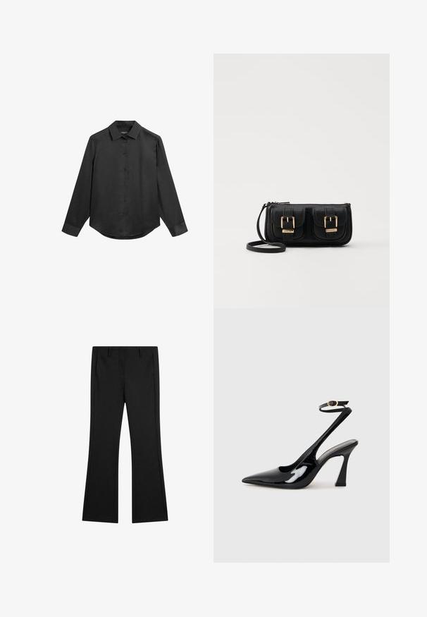 Black long-sleeve shirt with a collared neck, buttoned front, smooth fabric, and slightly rounded hem. No visible patterns or accents.; Black flared pants made of smooth fabric, featuring front pockets and a tailored fit with pressed crease lines for a polished look.; Black patent leather slingback high heels with a pointed toe, adjustable ankle strap, and a moderate block heel. Smooth texture with glossy finish.; Black leather crossbody bag with two front pockets, gold buckles, zipper closure, and a slim strap. Textured surface and compact rectangular shape.