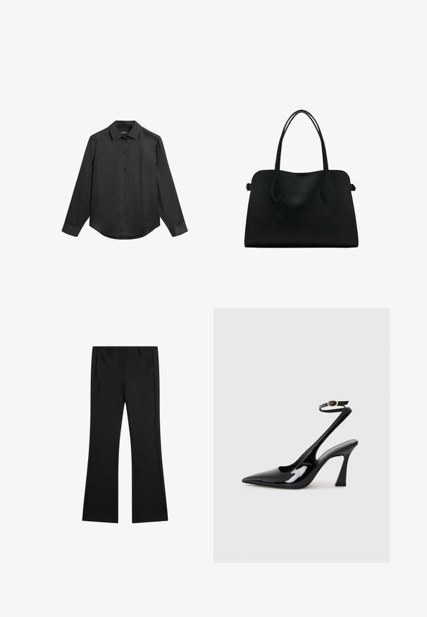 Black long-sleeve shirt with a collared neck, buttoned front, smooth fabric, and slightly rounded hem. No visible patterns or accents.; Black flared pants made of smooth fabric, featuring front pockets and a tailored fit with pressed crease lines for a polished look.; Black patent leather slingback high heels with a pointed toe, adjustable ankle strap, and a moderate block heel. Smooth texture with glossy finish.; Black leather handbag with dual shoulder straps, rectangular shape, and minimalistic design on a white background.