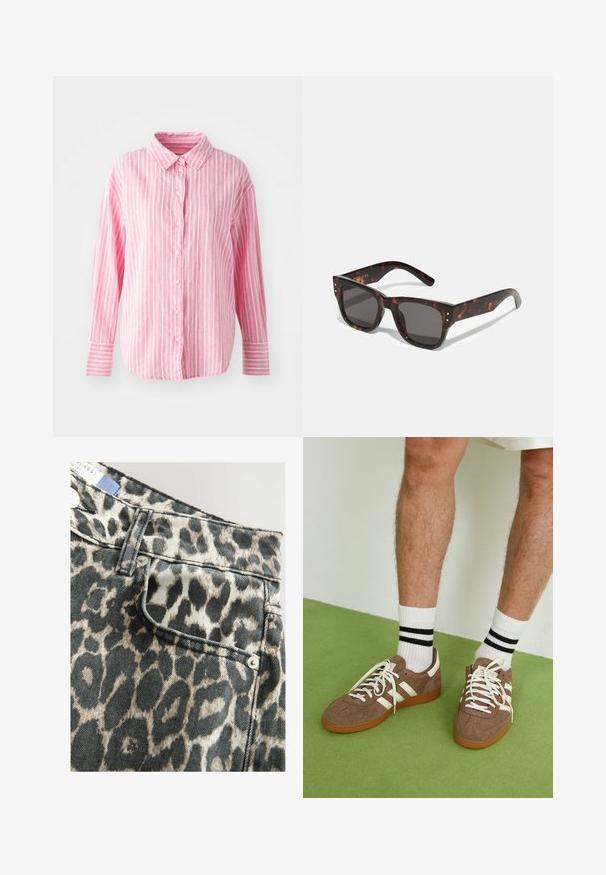 Roza prugasta srajca iz lahkega materiala. Ima gumbasto zapiranje spredaj, dolge rokave in klasičen ovratnik z kontrastnimi belimi črtami.; Krtačaste jeans kratke hlače z estructuriranim pasom, sprednjim žepom, v črni in bež barvni shemi, zaključene s srebrnimi gumbnimi dodatki.; Rjavi semiš športni čevlji z belimi detajli in vezalkami. Gumijast podplat. Nošeni z belimi nogavicami z črnimi črtami. Zelena teksturirana talna obloga.; Školjkaste sončne očala z temnimi lečami, kvadratnim okvirjem in srebrnimi okrasnimi žebljički spredaj. Izdelana iz plastike, lahka in trpežna.; Rjava tkana usnjena torbica s sproščenim, trikotnim oblikovanjem. Ima pleten ročaj in zadrgo na vrhu.