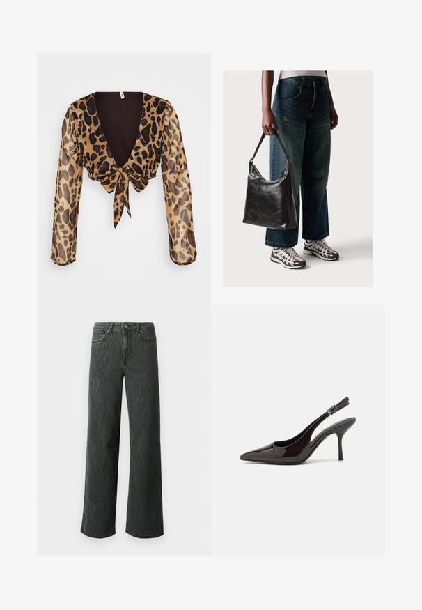 Lauka ziedu raksta apgriezts tops vieglā, caurredzamā audumā. Ar garām piedurknēm, dziļu V veida kakla izgriezumu un sasietu priekšpusi. Brūns un bēšs krāsu salikums.; Plaša kāju džinsi tumši pelēkā denimā, ar vieglu zebra rakstu tekstūru, kontrastējošām šuvēm un piecu kabatu dizainu ar pogu aizdari.; Slingback augstpapēžu kurpe ar spīdīgu tumši brūnu lakotu ādu, ar norādītu purngalu, atvērtām pusēm un regulējamu potītes siksniņu.; Melna ādas pleca soma ar gludu tekstūru un regulējamu siksnu, saskaņota ar izbalējušām platām biksēm un sportiskām kedām.