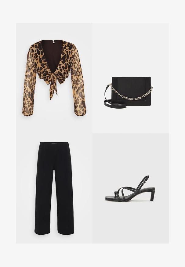 Dámsky cropped top s leopardím vzorom z ľahkej priesvitnej látky. Má dlhé rukávy, hlboký výstrih do V a viazanie vpredu. Hnedo-tanová farebná paleta.; Čierne široké nohavice s elastickým pásom. Vyrobené z textúrovanej látky, s voľným strihom a rovným strihom od pásu po lem.; Čierne sandále na vysokom podpätku so štvorcovou špičkou a nízkym blokovým podpätkom. Obsahujú viacero tenkých popruhov a nastaviteľný členkový popruh. Vyrobené z hladkej kože.; Čierna kožená crossbody taška s hladkou textúrou, obdĺžnikovým tvarom a kovovým reťazovým detailom na prednej strane. Súčasťou je nastaviteľný popruh.