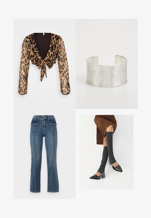 Lauka ziedu raksta apgriezts tops vieglā, caurredzamā audumā. Ar garām piedurknēm, dziļu V veida kakla izgriezumu un sasietu priekšpusi. Brūns un bēšs krāsu salikums.; ONLY Petite ONLWAUW MID WAIST FLARED - Džinsi ar paplatinātiem galiem - medium blue denim; Melnas laka ādas apavi ar norādītu purngalu, blokveida papēdi un potīšu jostu, saskaņoti ar pelēkām ribotām kāju sildītājām un brūnu zamšādas svārku.; Zign Rokassprādze - silver-coloured