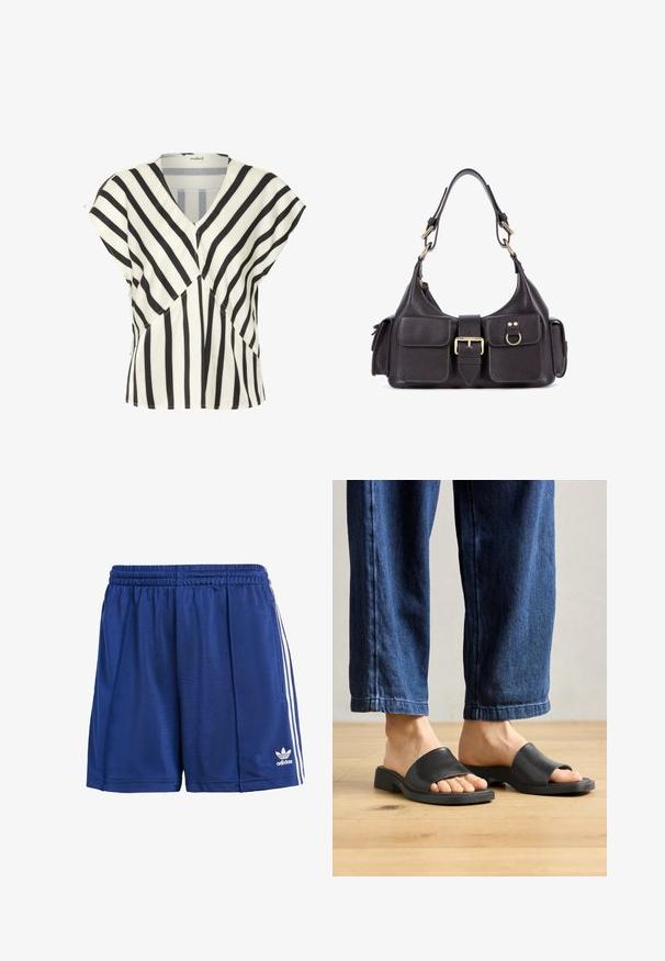Sort og hvid stribet bluse med V-hals, korte ærmer og geometrisk mønster i et glat, let stof.; Blå sportsshorts lavet af glat stof, med elastisk talje, hvide sidelister og et lille logo på nederste kant.; Sorte slip-on sandaler lavet af glat materiale, med åben tå og en bred toprem, sat mod mørk denim bukser med lige pasform.; Mørk læderhåndtaske med to frontlommer, en central spænde og hardware i guldtoner. Glat tekstur med en buet silhuet.
