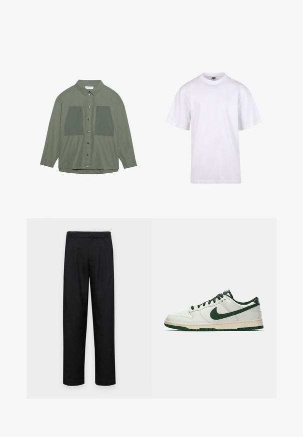 Cămașă verde măsliniu cu nasturi, fabricată dintr-un material ușor, având două buzunare mari pe piept și nasturi metalici argintii, cu mâneci lungi și guler clasic.; Tricou alb din bumbac, cu guler rotund, mâneci scurte și croială lejeră. Dispune de un design simplu, fără modele sau accente.; Pantaloni negri dintr-un material neted, cu un design drept, două pliuri frontale și un tiv standard cu bucle pentru curea.; Adidași albi cu vârf jos, având swoosh-ul Nike în verde închis, șireturile și accentele tălpii, prezentați în profil pe un fundal alb simplu.