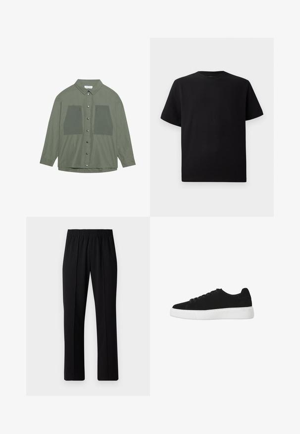 Olivgrünes Hemd mit Knopfverschluss aus leichtem Stoff, ausgestattet mit zwei großen Brusttaschen und silbernen Druckknöpfen, langen Ärmeln und einem klassischen Kragen.; Schwarzes Kurzarm-T-Shirt aus strukturiertem Stoff, mit einem Rundhalsausschnitt und einer lockeren Passform. Einfach, ohne Muster oder Akzente.; Schwarze, Gummibund-Hosen mit geradem Schnitt, die eine glatte Textur aufweisen und keine sichtbaren Muster oder Beschläge haben.; Schwarze Wildledersneaker mit runder Zehenpartie, schnürbarem Vorderteil und weißer Gummisohle. Einfaches Design mit minimalen Akzenten und glatter Textur.