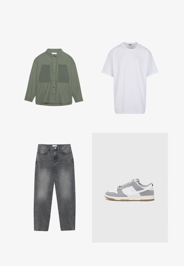 Jasnozielona koszula z guzikami, wykonana z lekkiego materiału, z dwiema dużymi kieszeniami na piersi oraz srebrnymi zatrzaskami, długimi rękawami i klasycznym kołnierzykiem.; Biała bawełniana koszulka z krótkimi rękawami, okrągłym dekoltem, luźnym krojem i bez widocznych logo lub wzorów. Gładka tekstura i minimalistyczny design.; Jeansy z wysokim stanem, luźne, w wyblakłym czarnym deninie. Posiadają pięć kieszeni, szlufki na pasek oraz prosty, klasyczny krój nogawek.; Szare i białe trampki z zamszową i skórzaną cholewą, okrągłym noskiem, płaskimi sznurówkami i gumową podeszwą z akcentem w kolorze gumy.