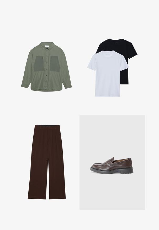 Jasnozielona koszula z guzikami, wykonana z lekkiego materiału, z dwiema dużymi kieszeniami na piersi oraz srebrnymi zatrzaskami, długimi rękawami i klasycznym kołnierzykiem.; Dwa koszulki z krótkim rękawem, jedna czarna i jedna biała, wykonane z miękkiego materiału bawełnianego o prążkowanej fakturze. Klasyczny krój.; Brązowe spodnie szerokie z plisami. Wykonane z gładkiego materiału, z dopasowanym pasem i kieszeniami bocznymi. Prosty zakład na dole.; Brązowe skórzane loafersy o gładkim wykończeniu, okrągłym nosku, minimalnym przeszyciu i grubym czarnym gumowym spodzie. Brak widocznych elementów metalowych czy akcentów.