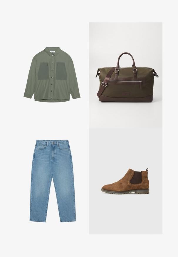 Alyvų žalia marškinėlių palaidinė, pagaminta iš lengvos medžiagos, su dviem didelėmis krūtinės kišenėmis ir sidabriniais spaudžiamaisiais mygtukais, ilgomis rankovėmis ir klasikiniu apykaklė.; Šviesiai mėlyni džinsai su plačiomis kojomis ir aukštu liemeniu, turintys penkias kišenes, diržo kilpas ir švelnų, šiek tiek išblukusį tekstūrą.; Rudos suedes Chelsea batai su elastinėmis šoninėmis juostelėmis, traukimo juosta ir tekstūruotas guminis padas su grioveliais sukibimui.; Olivinės žalios drobės sportinė kuprinė su rudos odos akcentais, turinti dvi rankenas, nuimamą peties diržą ir priekinį užtrauktuko kišenę.