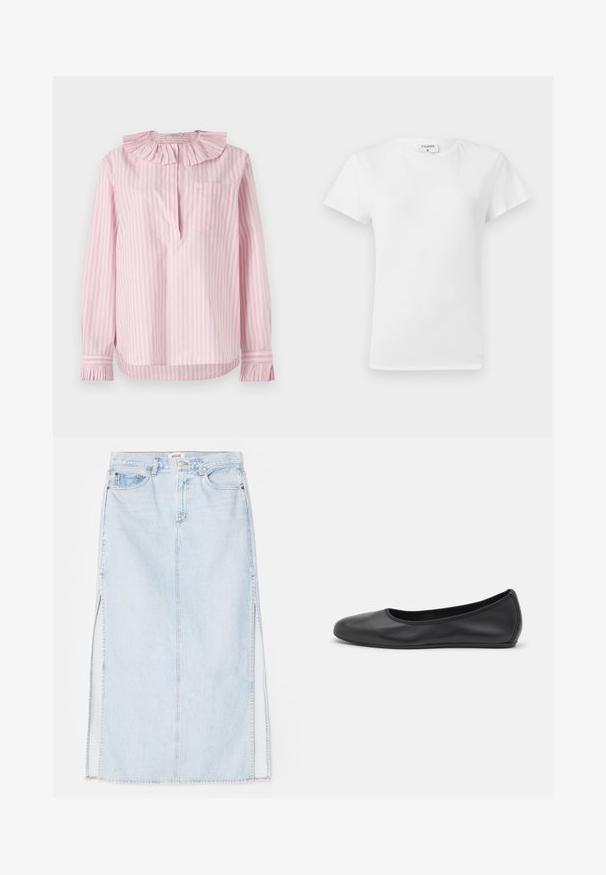 Lichtroze gestreepte shirt met een gerimpelde kraag en manchetten, een enkele zak aan de linkerzijde, gemaakt van zacht katoen.; Witte katoenen t-shirt met ronde hals en korte mouwen, met een relaxed fit en een minimalistisch ontwerp. Etiket zichtbaar aan de hals.; Lichtblauwe denim maxi rok met een rechte snit, voorzien van zijsplits en een ontwerp met vijf zakken. Opvallende stiksels en metalen knoopsluiting.; Zwarte leren ballerina met een ronde neus, gladde textuur, minimale stikdetails en een flexibele zoolontwerp.