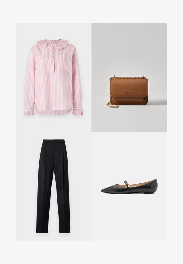 Svetloružová pruhovaná košeľa s volánovým golierom a manžetami, s jednou vreckom na ľavej strane, vyrobená z mäkkej bavlnenej tkaniny.; Čierne nohavice vyrobené z hladkej látky s vysokým pásom, širokými nohavicami, prednými záhybmi a klasickými pútkami na opasok. Žiadne bočné vrecká nie sú viditeľné.; Čierne kožené baletky s špicatou špičkou a bočným remienkom s kruhovým zlatým akcentom. Ľahké s plochou podrážkou.; Hnedá textúrovaná kožená taška cez telo s zlatým reťazovým popruhom a preklopným uzáverom. Predná strana obsahuje detail s logom a vrecko pod preklopkou.