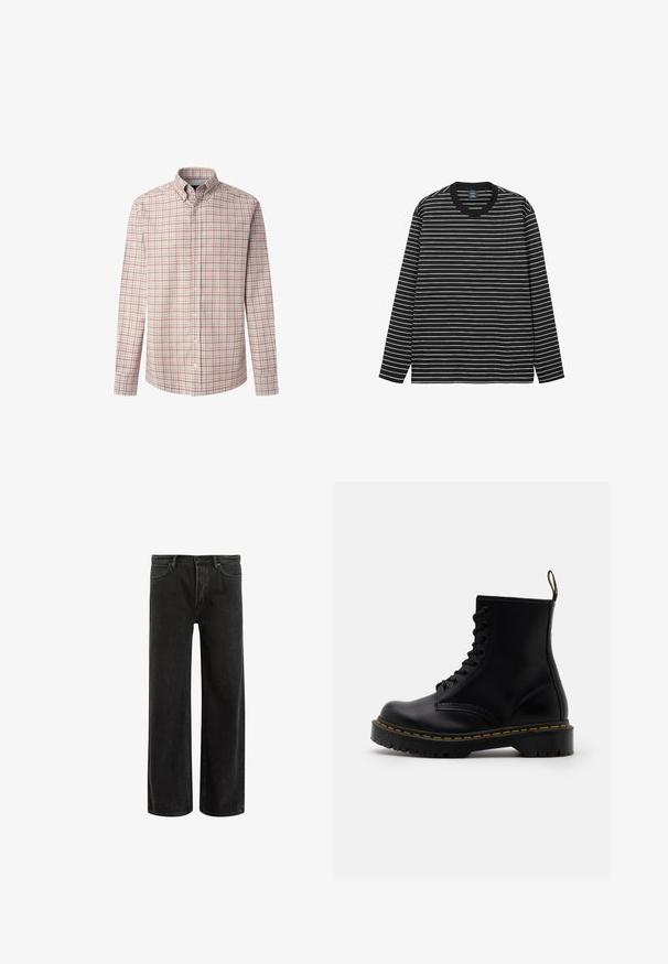 Herren Langarm-Hemd aus leichtgrauem Stoff mit kariertem Muster in Rot und Marineblau. Mit klassischem Kragen und Knopfmanschetten.; Langärmliges T-Shirt mit schwarz-weißen Streifen aus weicher Baumwolle. Es hat einen Rundhalsausschnitt und einen kontrastierenden schwarzen Rippkragen.; Schwarze, weit geschnittene Jeans aus Denim mit hoher Taille, im klassischen Fünf-Taschen-Design und subtilem Verblassen für eine strukturierte Optik.; Schwarze Leder-Ankle-Boots mit schnürbarem Vorderteil, gelben Nähten, runder Zehenpartie und dicker, strukturierter Gummisohle.