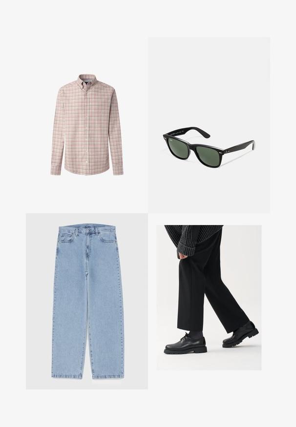 Pánska košeľa s dlhým rukávom na gombíky z svetlošedej látky s červeným a námorníckym karovaním. Má klasický golier a gombíkové manžety.; Biely bavlnený tielko s okrúhlym výstrihom, širokými ramennými popruhmi a rovnom spodným lemom, ktoré má hladkú textúru a žiadne viditeľné vzory.; Svetlomodré denimové džínsy s rovnými nohavicami, s polovysokým pásom, piatimi vreckami a zapínaním na gombík a zips.; Čierne kožené topánky s okrúhlou špičkou, viazaním a hrubou, štruktúrovanou podrážkou. Nosené s upravenými čiernymi nohavicami a rebrovaným sveterom.; Čierne plastové slnečné okuliare so zelenými šošovkami, štvorcové rámy, strieborný akcent na obočí a textúrované ramenné opierky. Brand uvedený na vnútornej strane ramien.