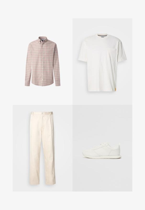 Cămașă cu mânecă lungă pentru bărbați, dintr-un material gri deschis, cu un model în carouri roșii și bleumarin. Prezintă un guler clasic și mansete cu nasturi.; Tricou din bumbac alb, cu guler rotund, mâneci scurte și un buzunar pe pieptul stâng. Prezentă un mic etichetă cu logo pe cusătura laterală.; Pantaloni din bumbac bej, cu croială dreaptă, dotati cu închidere cu nasture și pliuri în față pentru un plus de detaliu.; Tenis alb cu un superior din plasă și material sintetic, vârf rotund, șireturi plate și o dungi texturată pe lateral. Talpă din cauciuc cu un tab la spate.