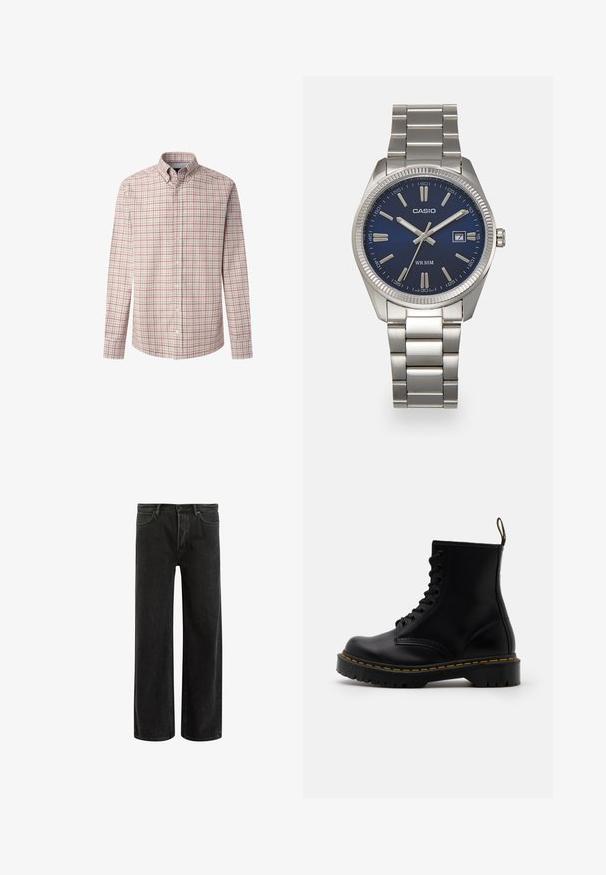 Meeste pikkade varrukatega nööbitav särk helesinises kangas punase ja laevanduse sinise ruuduga. Omab klassikalist kaelaosa ja nööbiga mansetid.; Mustadest denimist laiad püksid kõrge vöökoht, klassikalise viie taskuga disain ja õrn pleekinud välimus tekstuurilise ilme saavutamiseks.; Mustad mustad nahast pahkluu saapad, millel on nöörid ees, kollased õmblused, ümar varvas ja paks, tekstuuriga kummitald.; Hõbedane roostevabast terasest käekell, tumesinise lõpliku, metallsete tuntud numbrite ja kuupäevanäidikuga kell 3 juures. Veekindel kuni 50 meetrit.