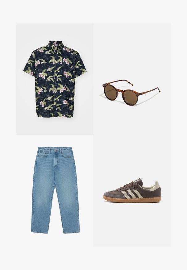 Klassisk kortærmet skjorte i marineblå med et blomsterprint, der har pink blomster og grønne blade. Fremstillet af letvægtigt stof, afslappet pasform.; Lys blå denim wide-leg jeans med høj talje, der har fem lommer, bæltestropper og en blød, let falmet tekstur.; Brun lædersneaker med tre lyse striber, gummisål, rund tå og teksturerede ruskindsdetaljer på hælen og tåen.; Runde solbriller med skildpaddefarvet stel og brune linser. Har tynde stænger med let tekstur og metalaccenter nær linserne.
