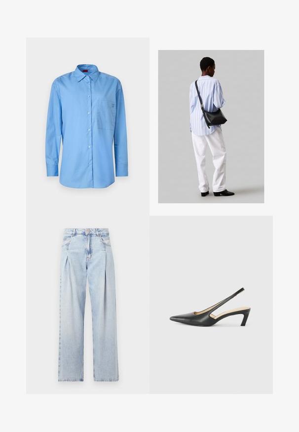 Cămașă bleu deschis din bumbac, cu guler clasic, mâneci lungi și un buzunar pe piept cu detalii ale logo-ului.; Jeans din denim albastru deschis cu talie înaltă, croială evazată, două buzunare laterale și un design pliat. Textură moale cu un finisaj decolorat.; Pantof cu toc mic, cu vârf ascuțit și slingback, realizat din piele netedă, având un design decupat pe lateral pentru respirabilitate.; Geantă de umăr din piele neagră cu o textură moale, formă triunghiulară și curea ajustabilă, asortată cu o bluză cu dungi albastre deschise și pantaloni albi.