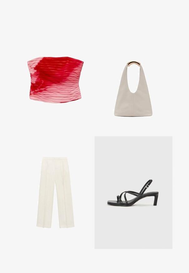 Mango Top - pink; Hlače širokih nogavic v svetli kremni barvi. Narejene iz gladkega materiala s plitkimi naborki spredaj in stranskimi žepi.; Črne natikače s trakovi in kvadratnim prstom ter nizkim blokastim peto. Imajo več tankih trakov in nastavljiv trak okoli gležnja. Narejene so iz gladkega usnja.; Svetlo siva usnjena torba z U-oblika zasnovo in ukrivljenim kovinskim ročajem. Gladka tekstura z minimalnim šivom in brez vidnih vzorcev.; Kovinski prstan s poliranim srebrnim zaključkom, ki vsebuje tri prepletene ukrivljene sekcije, kar ustvarja gladko in skladno obliko.