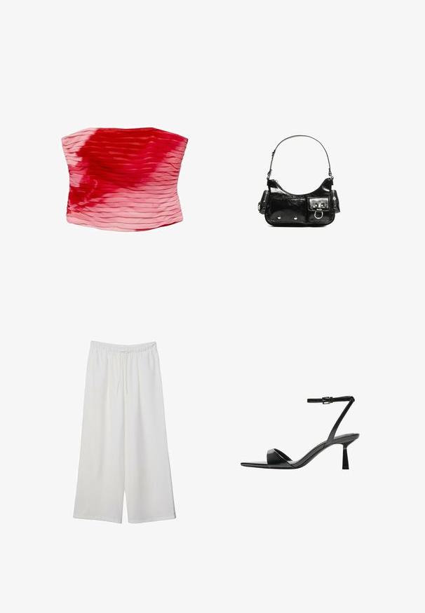 Mango Top - pink; Pantaloni bianchi a gamba larga realizzati in tessuto leggero, dotati di una vita elastica e di un cordino per una vestibilità regolabile. Texture liscia.; Bershka Sandali con tacco - black; Borsa a spalla in vernice nera con forma curvata, una tracolla, tasche frontali e dettagli in metallo argentato.