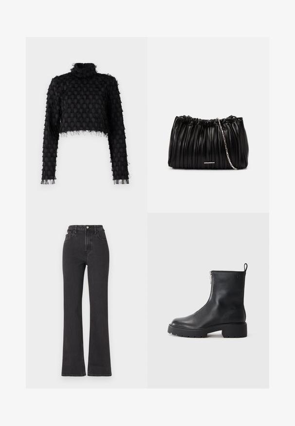 Sort cropped top med høj hals, tekstureret mønster og lange ærmer med frynset detaljering langs kanterne.; Sorte højtaljede flagrende jeans lavet af denim, med knaplukning, bæltestropper og sidelommer. Glat tekstur med minimal falming.; Sorte læder ankelstøvler med lynlås i siden, rund tå og en chunky, tekstureret sål. Diskret branding på siden.; Sort læder håndtaske med draperet design, samlet øverste kant og en sølvfarvet kædestrop. Har et metalaccent på forsiden.