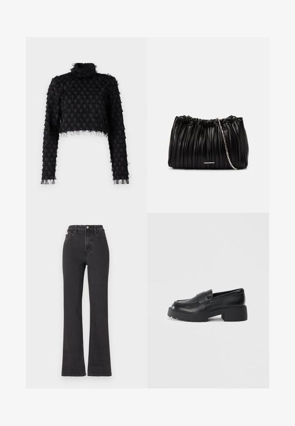 Sort cropped top med høj hals, tekstureret mønster og lange ærmer med frynset detaljering langs kanterne.; Sorte højtaljede flagrende jeans lavet af denim, med knaplukning, bæltestropper og sidelommer. Glat tekstur med minimal falming.; Sorte læderloafers med en struktureret finish, der har et rektangulært bånd over vamps og et groft, klodsede således design.; Sort læder håndtaske med draperet design, samlet øverste kant og en sølvfarvet kædestrop. Har et metalaccent på forsiden.