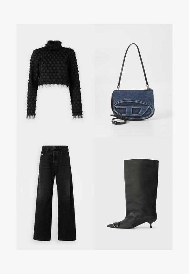 Top cropped nero con collo alto, motivo testurizzato e maniche lunghe con dettagli sfrangiati lungo i bordi.; Jeans in denim nero a gamba larga con vita alta, dotati di chiusura con bottone, tasche frontali e una texture sbiadita.; Stivaletto in pelle nera con punta affilata, tacco basso e dettaglio metallico sulla punta. Texture liscia e opaca in tutta la superficie.; Borsa a tracolla in denim con tracolla in pelle nera, design oval logo sulla parte frontale e chiusura con zip superiore. Finitura testurizzata.