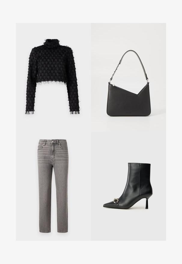 Mustat lyhyet paidat, joissa on korkea kaula-aukko, teksturoitu pinta ja pitkät hihat, joissa on purjehdusviimeistely reunoissa.; Harmaat farkut suoran leikkauksen muotoilulla, puoliksi korkealla vyötäröllä, viidellä taskulla ja huomaamattomilla pystysuorilla ompeluominaisuuksilla. Sileä rakenne ja kevyt materiaali.; Musta nahkasaapas nilkkapituisilla, terävillä kärjillä, hoikalla keskipituisella korolla ja hopeavöillä sivussa yksinkertaista taustaa vasten.; Musta nahkakäekott kolmnurga kujuga, peene rihmaga ja hõbedaste detailidega. Omab lukuga sulgemist ja esiküljel on reljeefne logo.