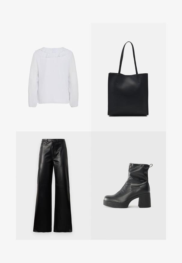 Blusa bianca a maniche lunghe con colletto arricciato, texture liscia e polsini elasticizzati. Design semplice e pulito adatto per diverse occasioni.; Pantaloni ampi a vita alta in ecopelle neri con bottone frontale, chiusura con zip, passanti per cintura e tasche laterali su sfondo bianco.; Stivali neri alla caviglia in pelle liscia, con zip laterale, tacco spesso e texture, e punta arrotondata.; Borsa tote in pelle nera con texture liscia, forma rettangolare e due manici lunghi. Nessun hardware o decorazione visibile.