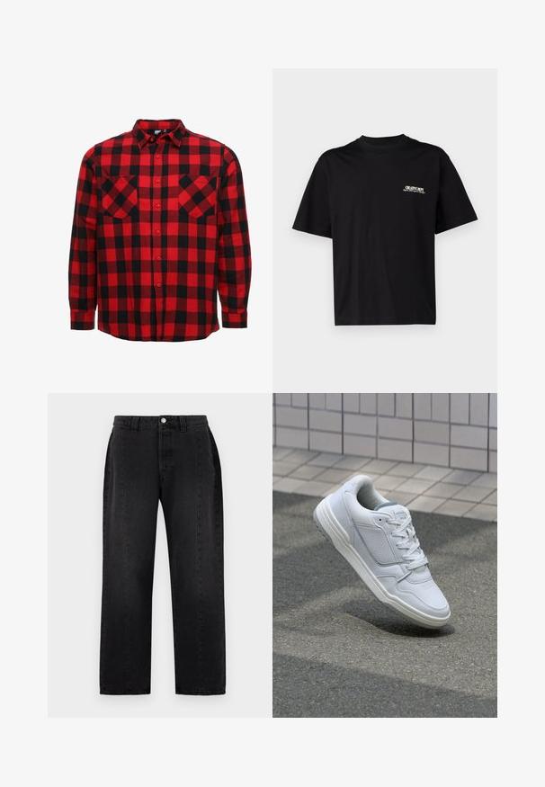 Rot-schwarzes Karo-Hemd mit langen Ärmeln, ausgestattet mit einem Button-Down-Kragen, zwei Brusttaschen und einem geraden Saum. Aus Baumwollstoff hergestellt.; Schwarzes Baumwoll-T-Shirt mit kurzen Ärmeln, Rundhalsausschnitt und Druck auf der linken Brustseite in weißem und goldenem Text, mit einem entspannten Schnitt.; Schwarze Denim-Jeans mit geradem Bein. Ausgestattet mit einem Knopfverschluss, Gürtelschlaufen und zwei Taschen an den Seiten. Glatte Textur, keine sichtbaren Muster.; Weiße Ledersneaker mit perforierten Seiten, strukturierten Akzenten, flachen Schnürsenkeln und einer kontrastierenden grauen Ferse. Verfügt über eine leicht erhöhte Sohle.