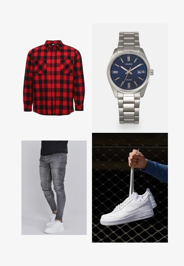 Röd och svart rutigt långärmad skjorta med knäppkrage, två bröstfickor och rak nederkant. Tillverkad av bomullstyg.; Smala jeans i blekt grå denim, med slitna detaljer vid knäna, kombinerat med vita sneakers. Slät struktur, slim fit-design.; Vita lädersneakers med perforeringar, rund tå, platt sula och tjocka snörning, med en synlig swoosh-logga och "AIR" på hälen.; Snygg klocka i silverfärgad rostfritt stål med en marinblå urtavla, metalliska timmarkörer och en datummarkering vid klockan tre. Vattentålig ner till 50 meter.