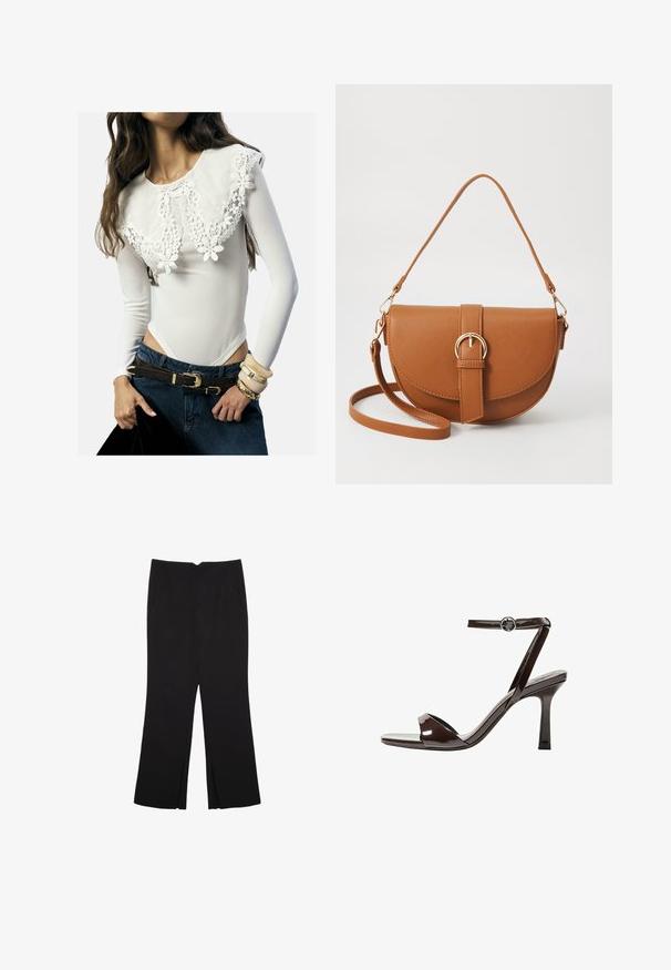 Bela bodysuit z dolgimi rokavi z čipkastim cvetličnim vzorcem na ovratniku; v kombinaciji s temno denim jeans hlačami in plastmi zapestnic v nevtralnih tonih.; Črne hlače ravnega kroja z naglavnimi žepi in stranskimi razporki na robu. Narejene iz mehke, gladke tkanine. Primerne za različne priložnosti.; Rjave visokosprti sandali iz pateniranega usnja z zaponko okoli gležnja, odprto konico in eleganten, minimalističen dizajn. Imajo kvadratno peto.; Rjava usnjena torbica prek telesa s ukrivljeno obliko, zlate opreme in sponko. Ima odstranljiv naramni trak.