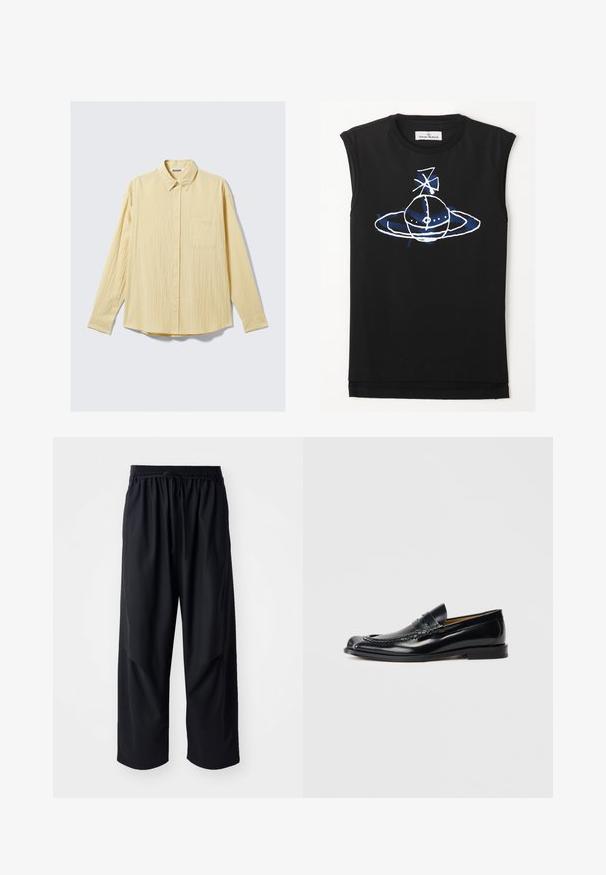 Pikendusega nööbiga särk pehmes kollases kangas, millel on tekstuurne viimistlus, krae ja üks vasakpoolne rinna-tasku.; Mustamata musta top, millel on sinine ja valge graafiline kujundus, mis kujutab planeedi meenutavat elementi rõngaste ja satelliitide elementidega. Pehme puuvillane materjal.; Henrik Vibskov DRAWSTRING PANTS - Püksid - tropical black; Musta nahast loafer, millel on sile viimistlus, ümmargune varvas, dekoratiivne tikand ja madal virnastatud konts. Ilma nähtava brändita.