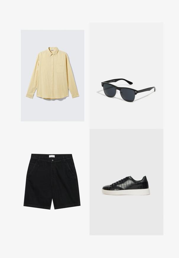 Ilga rankovė mygtukų marškiniai iš švelnios geltonos medžiagos, su tekstūruotu paviršiumi, apykakle ir viena kairio krūtinės kišenė.; Juodi džinsiniai šortai su klasikiniu kirpimu, turintys dvi priekinės kišenes, mygtuko užsegimą ir etiketę ant juosmens. Textūruotas audinys.; Juodi sportiniai batai su tekstūruotu krokodilo odos pamušalu, apvalia kojų dalimi ir kontrastinga balta guma su lygiu paviršiumi.; Juodos saulės akinių su stačiakampiu rėmeliu, tamsiais lęšiais, sidabrinėmis detalėmis šventrajose ir matinio paviršiaus rėmeliu.