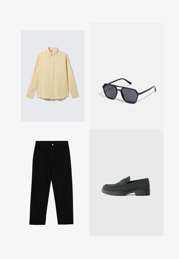 Langermet skjorte med knapper i myk gul stoff, med en teksturert finish, krage og en enkelt lomme på venstre bryst.; Sorte denimbukser med rett benklipp, fem-lomme design og frontknappåpning. Jevn tekstur med minimale sømdetaljer.; Sorte loafersko med en glat, mat finish, med en rund tå og en tyk, struktureret sål. Udsmykket med en frontrem.; Sorte solbriller med ottekantet ramme, mørke linser, blank finish, tynde stænger og guld accenter på fronten.