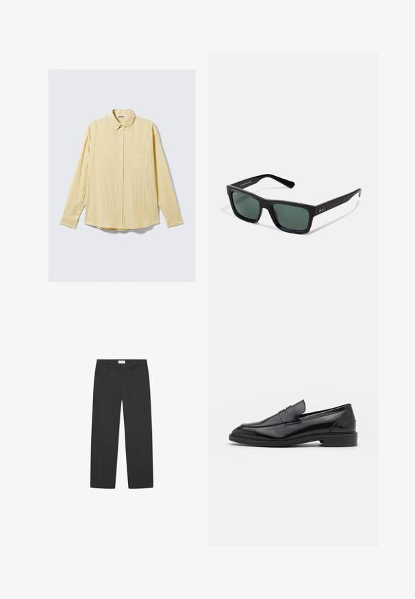 Langärmliges Hemd mit Knöpfen aus weichem gelbem Stoff, mit strukturierter Oberfläche, Kragen und einer einzelnen Brusttasche auf der linken Seite.; Schwarze Hose aus leichtem Stoff. Sie hat ein gerades Bein, eine flache Vorderseite, seitliche Taschen und einen dezenten Bund.; Schwarze Lederloafers mit glatter Oberfläche, runder Spitze und schmalem Riemen über dem Obermaterial. Niedriger, gestapelter Absatz.; Schwarze rechteckige Sonnenbrille mit grünem Glas, mattem Finish, geraden Bügeln und dem Ray-Ban-Logo an der Seite.
