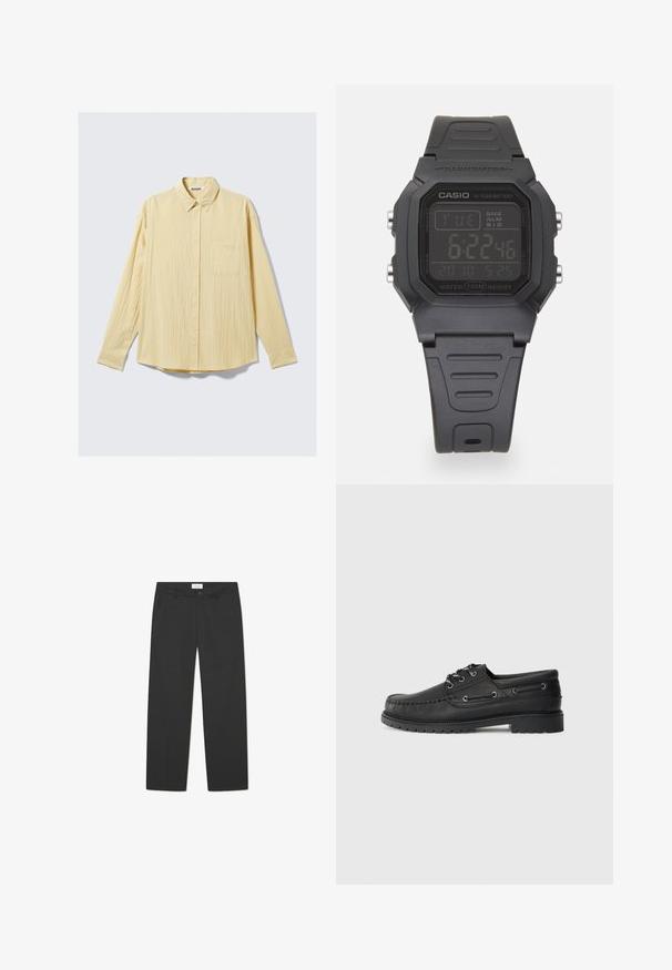 Camisa de botão de mangas compridas em tecido amarelo suave, com um acabamento texturizado, colarinho e um único bolso no lado esquerdo do peito.; Calças pretas feitas de tecido leve. Apresentam um design de perna reta com frente lisa, bolsos laterais e um cós discreto.; Sapato de barco em couro preto com sola grossa em borracha, atacadores na frente e ilhós decorativos de lado sobre fundo cinza claro.; Relógio digital com uma caixa retangular de plástico preto, display LCD mostrando a hora, data e alarme, e uma bracelete de borracha preta texturizada. Resistência à água de até 100m.