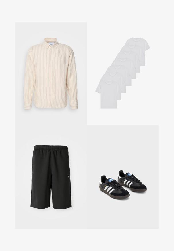 Les Deux KRISTIAN SHIRT - Cămașă - ivory/baked papaya; Tricouri din bumbac albe, cu mâneci scurte, design cu guler rotund, textură simplă, așezate într-un rând, cu o marcă subtilă la guler.; Shorts din bumbac negru, cu talie elastică, cusături laterale și un mic logo alb pe piciorul stâng. Textură netedă, design până la genunchi.; Tenisi negri cu superior din suede și sintetic, având trei dungi albe, talpă din cauciuc texturat și etichetă albastră cu logo pe limbă.